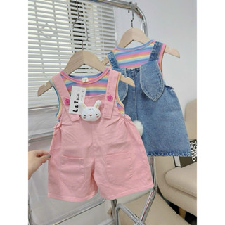 Váy yếm bò bé gái  Áo kẻ sát nách - yếm bò , kaki giặt mềm  Đính phụ kiện quả bông - thỏ xinh  10/20kg