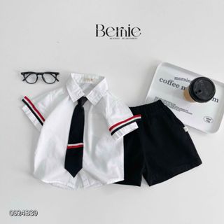 Set bộ đi chơi bé trai BERNIE áo sơ mi trắng kèm quần kaki short kèm cà vạt cho bé từ 8 đến 25kg