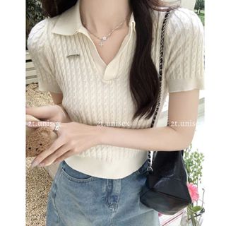 Áo Len nữ cộc tay cổ bẻ gắn tag, Áo polo tay ngắn nữ tính trẻ trung hàng QCCC áo len Mongtoghi  P114 2tunisex