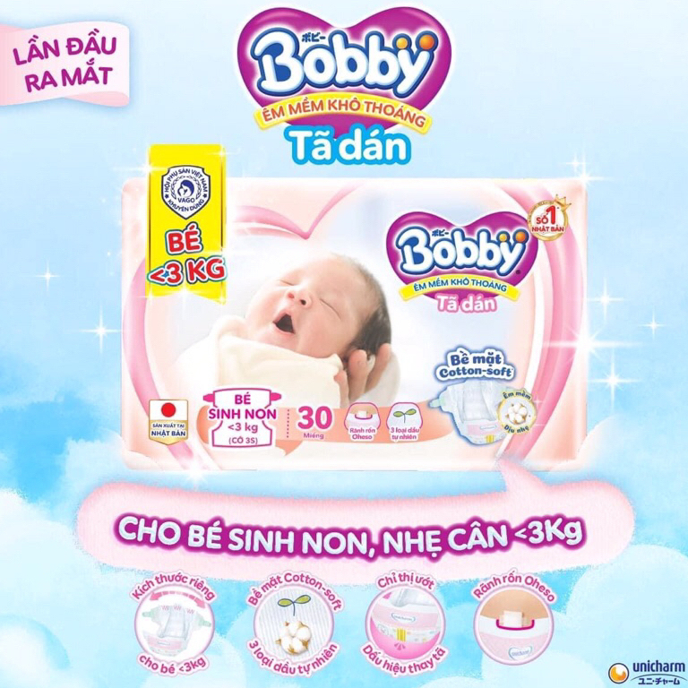 Tả Dán Bobby Cho Trẻ Sơ Sinh Thiếu Tháng < 3 Kg, Túi 30 Lót.