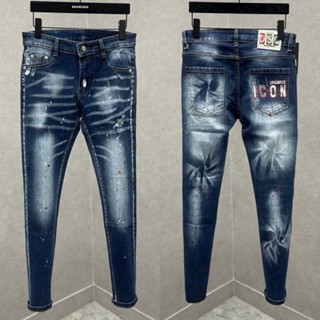 Quần Jean DSQ2 Xanh Đậm In Chữ Icon Ở Túi Sau Quần Bò Vẩy Sơn Xanh Mài Thời Trang Chất Co Giãn Phối Loang Rách Gối