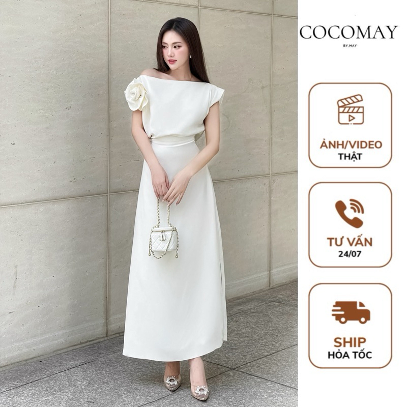 COCOMAY Đầm lệch vai hoa < Trắng / Đỏ / Đen > dáng dài xẻ tà màu trắng Nữ