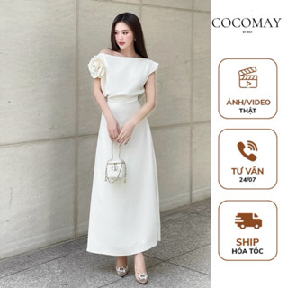 COCOMAY Đầm lệch vai hoa < Trắng / Đỏ / Đen > dáng dài xẻ tà màu trắng Nữ