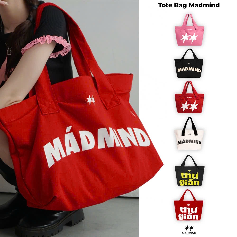 [ MÀU MỚI ] - Túi Tote Có Dây Kéo Vải Bố Canvas Đeo Vai Madmind Tote Cỡ Vừa / Lớn - Màu Đỏ / Be / Hồng / Đen