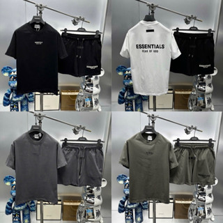 Bộ quần áo cộc thể thao nam Essentials ngực và lưng đính chữ cao su nổi Fear Of God gáy thêu mác đen cao cấp