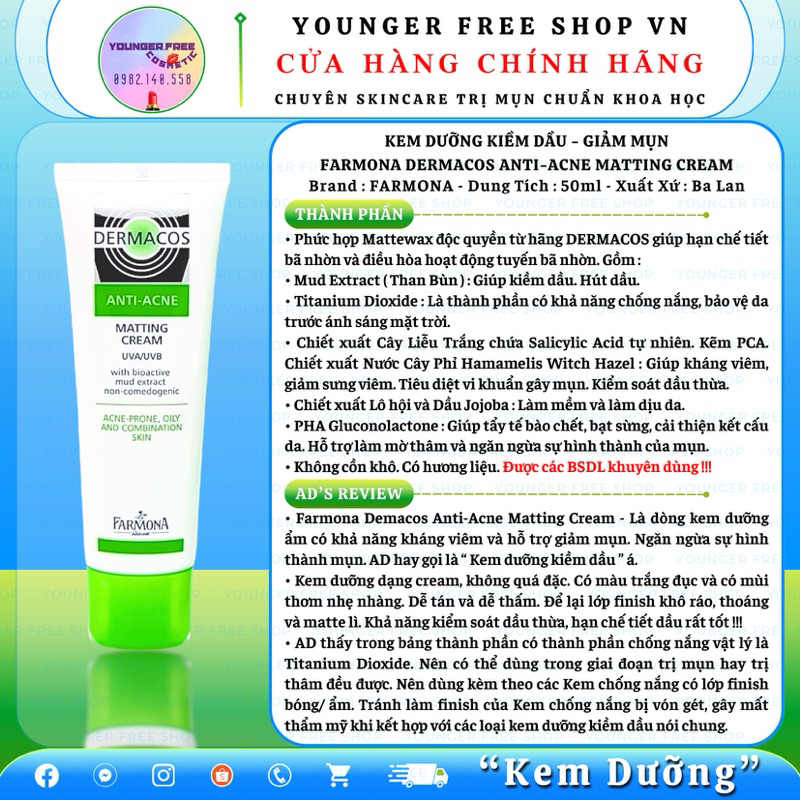 (THANH LÝ CẬN DATE 05/2025) Kem Dưỡng Kiềm Dầu Dermacos [YoungerFreeShop]
