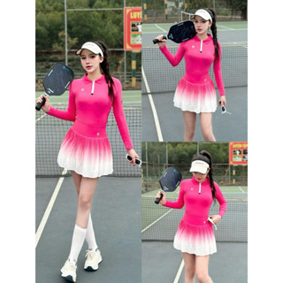[PICKLEBALL] Bộ thể thao nữ, bộ dài tay cổ khoá mix chân váy xếp ly chuyên tập pickleball, tennis, cầu lông,golf