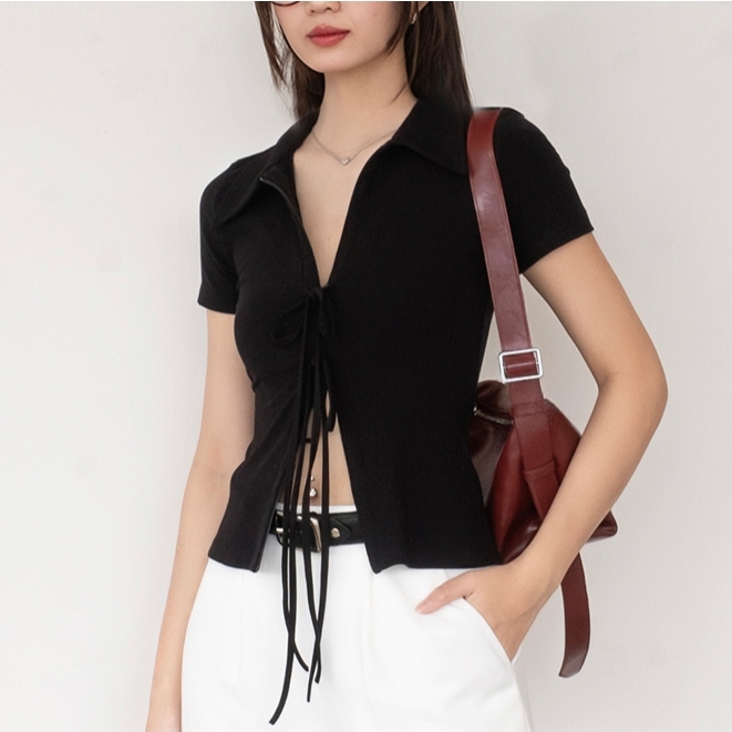 Áo thun nữ cotton form ôm cổ sơ mi phối dây kéo hai đầu kèm dây nơ phá cách Noiree  - NA472 | BigBuy360 - bigbuy360.vn