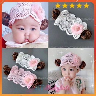 Băng Đô Turban Cho Bé Gái Có Tóc Giả Hai Bên - Chất Vải Thun Cotton Đính Nơ Trắng- Mềm Mịn