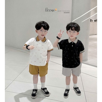 Set bộ polo Beemo cộc tay in tràn ô tô vải thun co giãn thoáng mát cho bé trai từ 9-24kg 4030SHB