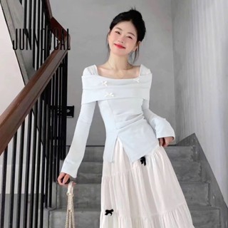 Áo croptop nữ SAM CLO form dáng BABY TEE trễ vai dài tay chất thun gân mềm mịn gắn NƠ XẺ TÀ