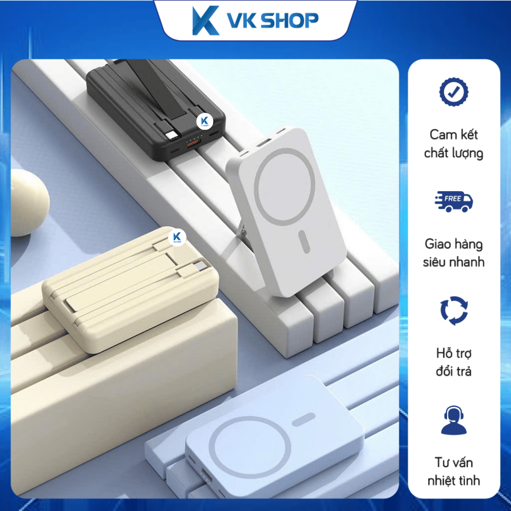 SẠC DỰ PHÒNG KHÔNG DÂY 5000mAh/10000mAh, TÍCH HỢP 2 DÂY SẠC TIỆN LỢI, SẠC NHANH VKshop