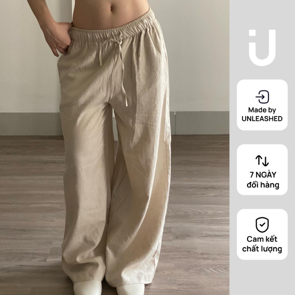 Quần linen dài nữ ống suông rộng UNLEASHED cạp chun rút dây có túi sâu 2 bên Sandy Summer Pants 01