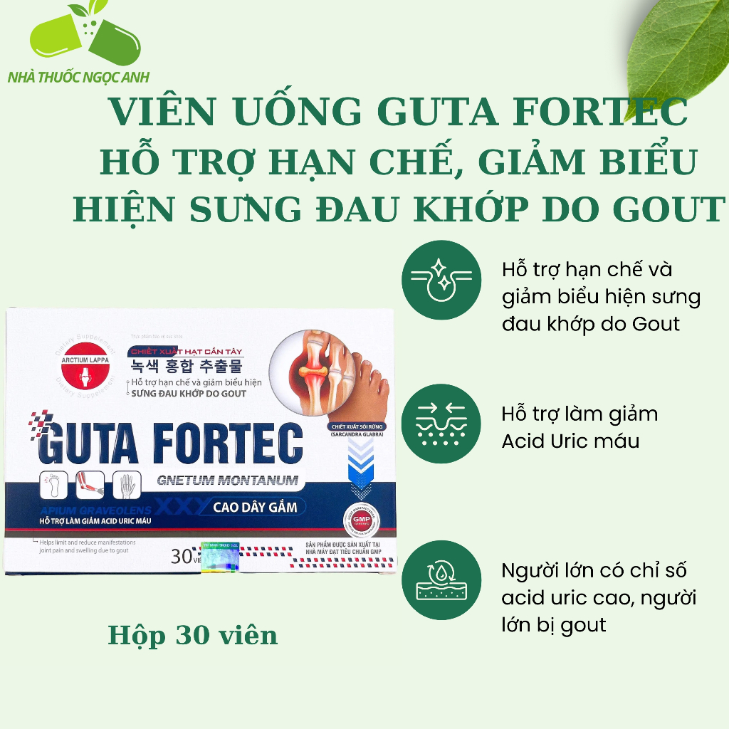 Viên uống Guta Fortec - Hỗ trợ hạn chế, giảm biểu hiện sưng đau khớp do Gout hộp 30 viên
