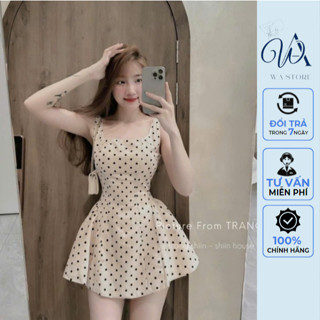  Váy chấm bi hai dây đan dây lưng kèm quần bảo hộ có mút dáng ngắn tiểu thư xinh xắn cho nàng đi chơi phố 