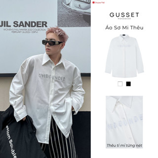 Áo Sơ Mi Đen Nam Oversize GUSSET SMT01 Thêu Chữ UNBOUNDED, Sơ Mi Nam Dài Tay Form Rộng Thiết Kế Cách Điệu