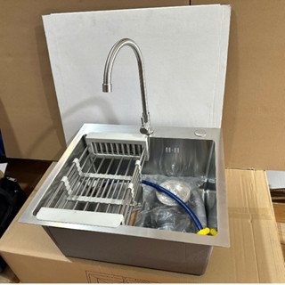 Chậu rửa chén bát 1 hộc đúc 60x45cm vòi rửa chén lạnh, nóng lạnh ngăn đáy vuông Inox 304 bộ xả chống hôi tuyệt đối