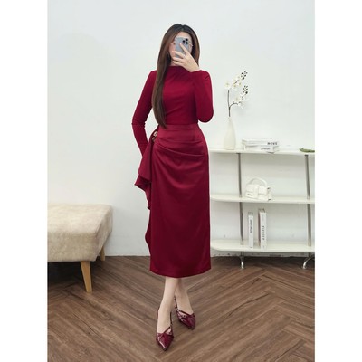 Đầm Nữ 𝐂𝐂𝐇𝐀𝐓 Dáng Ôm Đổ Bèo Ngang Hông Chất Liệu Lụa Phối Thun Sang Trọng 24VDL8009OT