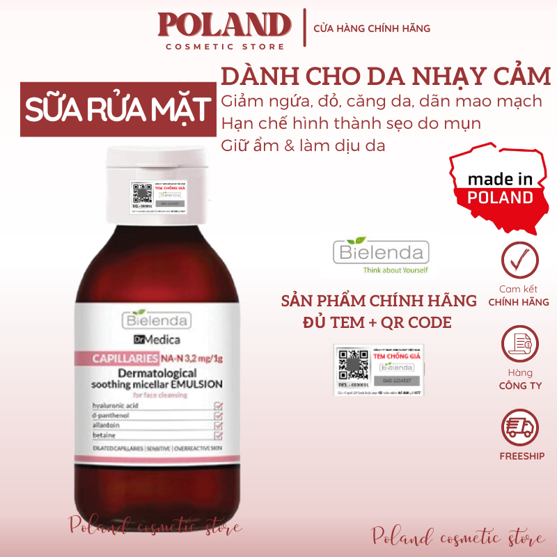 Sữa rửa mặt Bielenda Dr Medica Capillaries Soothing Micellar Emulsion giảm mẩn đỏ, dị ứng, kích ứng, giãn mao mạch 250ML