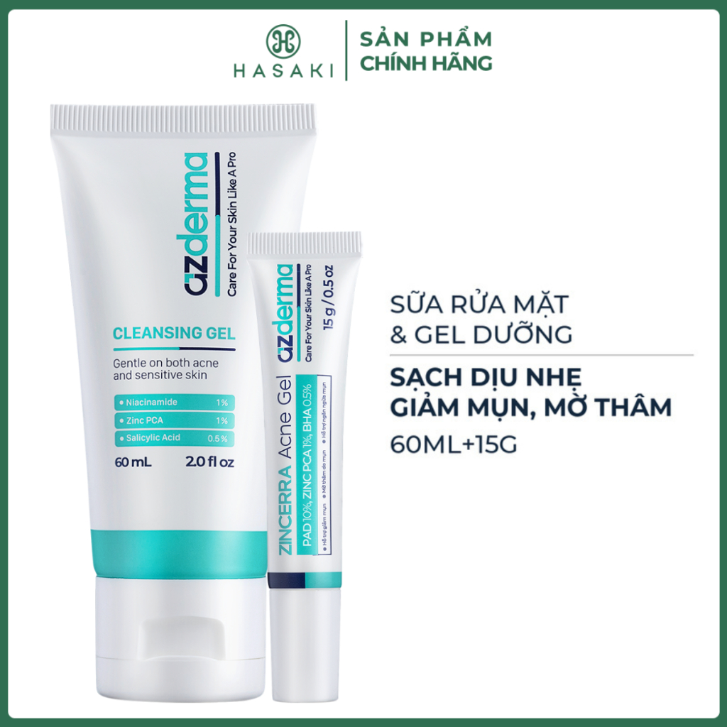 Combo Azderma Sữa Rửa Mặt Dạng Gel Cho Da Dầu Mụn 60ml + Gel Dưỡng Giảm Mụn 15g Hasaki Sản Phẩm Chín