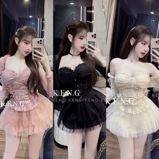  Set Áo Tơ Cúp Nút Châu Sa Váy Lưới Tầng Xoè Có Bảo Hộ 