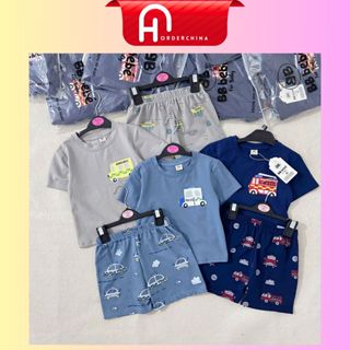 Set 3 bộ quần áo bé trai họa tiết ô tô chất cotton co giãn tone màu xanh xám - HNOrderChina