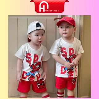 Bộ quần áo bé trai spidey cộc tay người nhện trắng phối đỏ chất cotton mềm mát - HNOrderChina