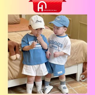 Set 2 bộ quần áo bé trai hello summer tone màu xanh trắng áo cotton quần chân cua - HNOrderChina