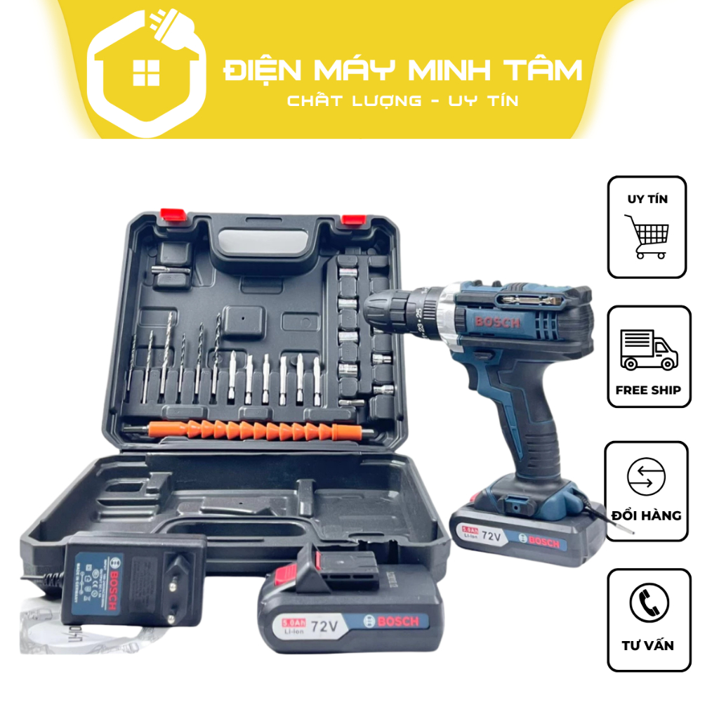 Máy khoan pin Bosch 72v, máy khoan cầm tay 3 chức năng tặng bộ phụ kiện 24 chi tiết
