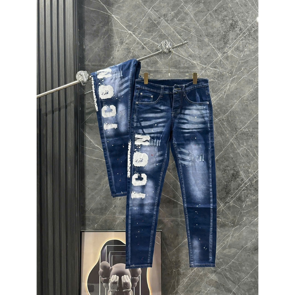 ⚡️HÀNG CAO CẤP⚡️Quần Jean Nam DSQ2_D2 Thêu Logo học sinh xanh rách xước chấm sơn,Quần Bò DSQUARED 4 cúc wash mài xanh