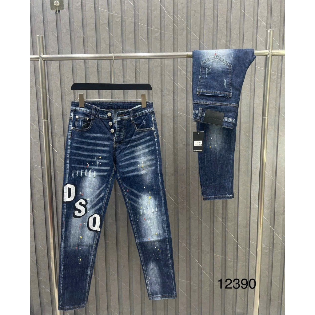 🔥Jean🔥Quần Jean DSQ2 Xanh Đậm In Chữ Icon Ở Túi Sau Quần Bò Vẩy Sơn Xanh Mài Thời Trang Chất Co Giãn Phối Loang Rách Gối