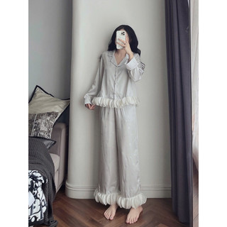 Bộ ngủ lụa tiểu thư tay dài xanh