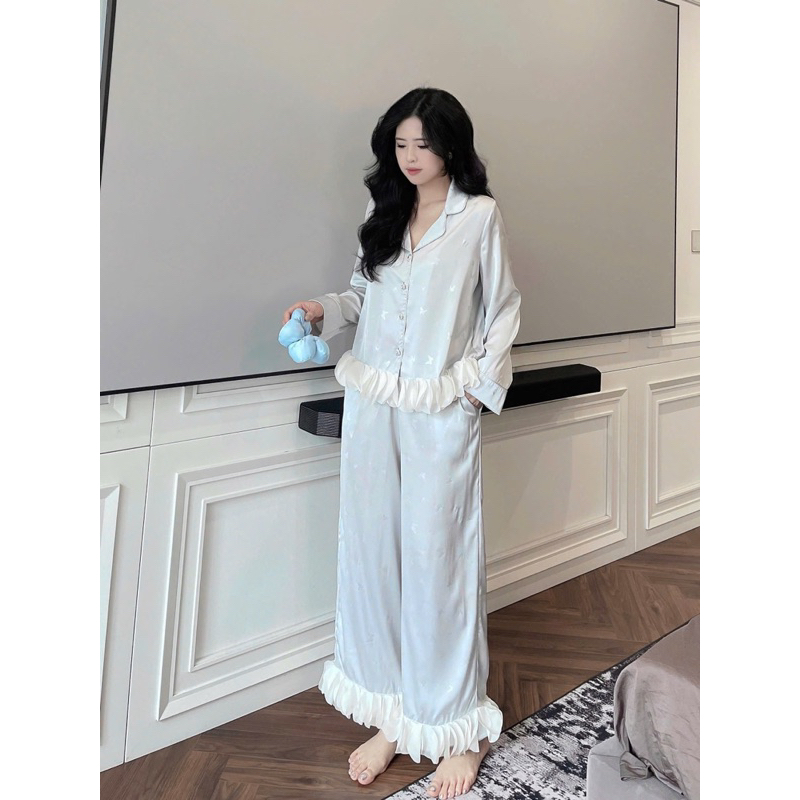 Bộ ngủ lụa tiểu thư tay dài xanh
