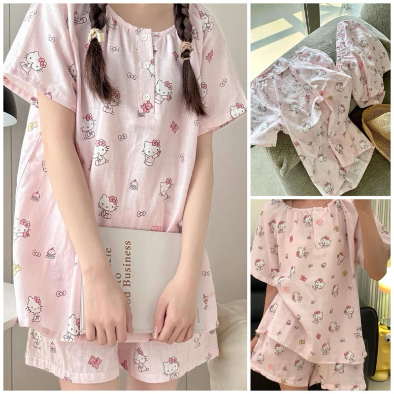 Bộ Đồ Ngủ Baby Kitty dễ thương mặc nhà mùa hè, chất liệu đũi mềm