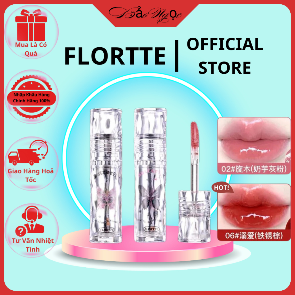   FLORTTE   Son tint bóng Flortte Butterfly &Girl World Lip Lacquer hiệu ứng gương dưỡng ẩm lâu tr 