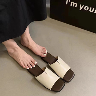 ( form to- chân gầy mỏng lùi size) dép nữ đế bệt, Dép quai ngang xẻ giữa mũi vuông QNTX465 ( đen, kem, trắng)- dép lê