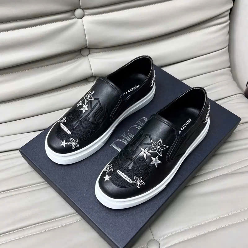  Giày slipon lười nam Philipp Plein da Pu thêu logo hình đầu lâu ngôi sao phối xích bạc gót boy phố GS139P 