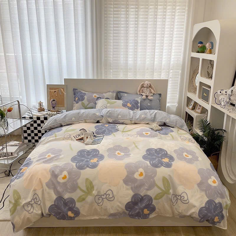 Bộ Drap & Chăn Phao Cotton Poly Hoa Xanh