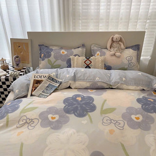 Bộ Drap & Chăn Phao Cotton Poly Hoa Xanh