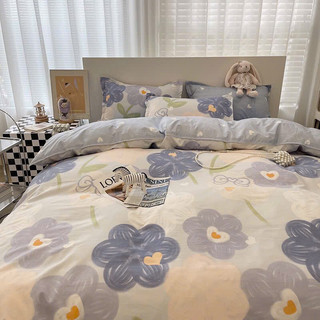 Bộ Drap & Chăn Phao Cotton Poly Hoa Xanh