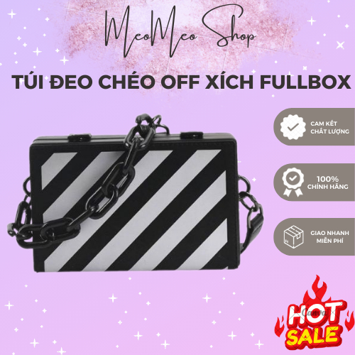 Túi hộp Off White Xích mini nắp gập, Túi đeo chéo bằng da pu phong cách năng động thời trang trẻ tru
