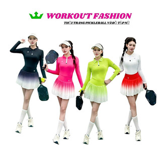  Bộ pickleball nữ dài tay chất lulu QC với áo cổ dệt khoá trụ kết hợp chân váy xếp ly loang màu công nghệ in chuyển 
