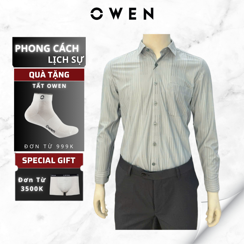 Áo Sơ Mi Nam Dài Tay Owen AR240746DT màu xanh kẻ sọc dáng Regular Fit,chất liệu poly mềm mịn