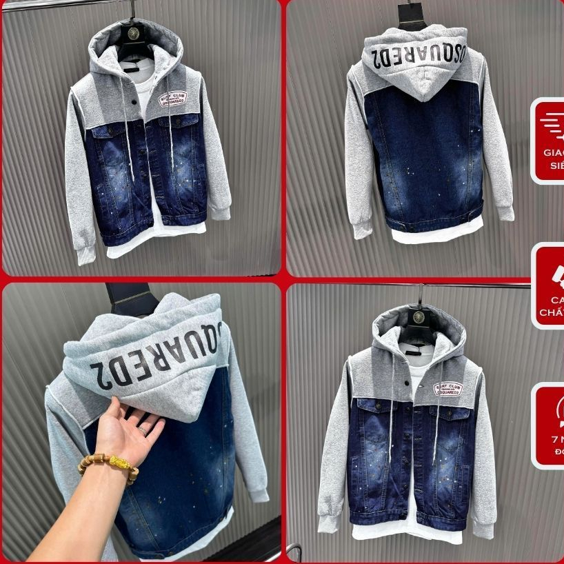 Áo Khoác Bò Nam Đết Quy Mũ Nỉ Phối Chữ Siêu Hót - Áo Khoác Bò Nam Nữ Phối Nỉ Siêu Đẹp 2025 Hiện Nay