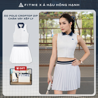 Bộ đồ Pickleball, cầu lông, tennis nữ Fitme ES áo croptop tôn dáng, chân váy xếp ly Trắng Navy năng động có quần bảo hộ