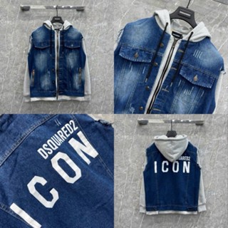 Áo khoác denim bò mũ nam nữ DSQ xanh wash loang xước in chữ ICON lưng phối tay mũ nỉ bông xám hot nhất 2025 hiện nay