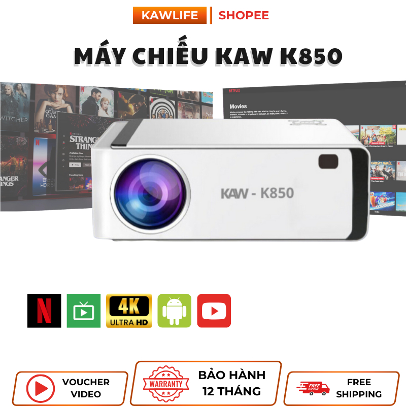 Máy Chiếu Mini KAW K880 Độ Sáng 13000 Lumens, Hệ ĐIều Hành Android 9.0, Kết Nối Điện Thoại, Wifi, BH