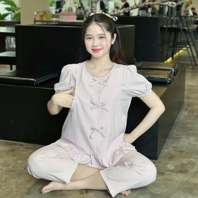 EVERMOM l Đồ bộ bầu C4 SỌC 3 NƠ tay cộc chun chất cotton sọc nhẹ mát có thiết kế bé ti và lưng chun 