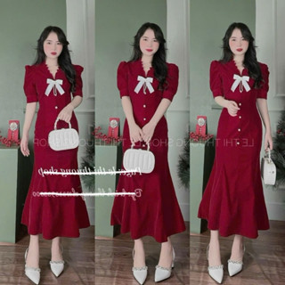  Đầm thời trang nữ mặc đi chơi Tết chất nhung cứng cổ v nơ dây cườm đính nút ngọc váy xoè đuôi cá màu Đỏ 