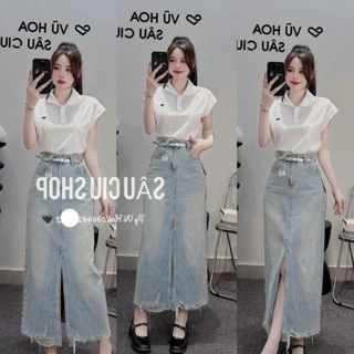 Set váy áo thun gân tay cánh dơi cổ sơ mi vạt bầu phối chân váy jeans cứng kèm đai hàng Quảng Châu cao cấp